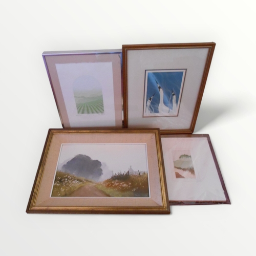 247 - Pamela Derry oil on board 'summer mist' 21 x 34cm together with three decorative small prints.