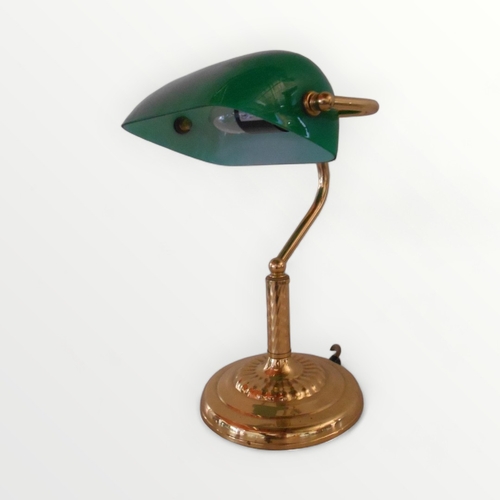 153 - Modern brass effect 'bankers lamp' with typical green glass shade. 36cm high.