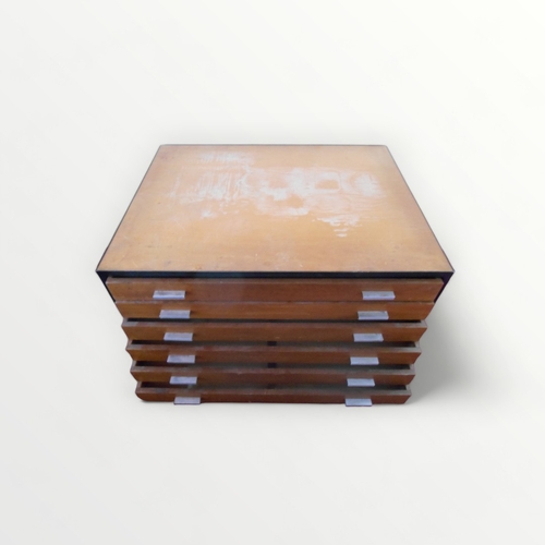 187 - Large metal framed beech architects plan chest having six mahogany fronted drawers with unusual 'sli... 