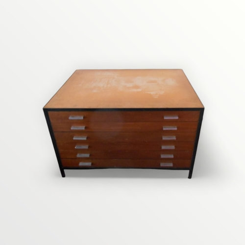 187 - Large metal framed beech architects plan chest having six mahogany fronted drawers with unusual 'sli... 