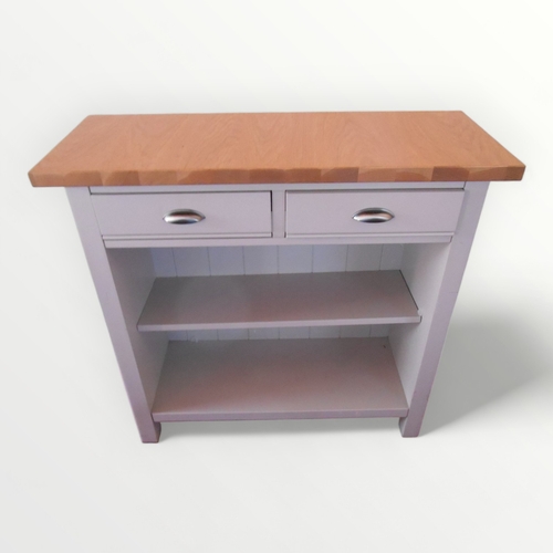 286 - Plain oak topped 'French grey' side unit with two drawers over open front shelved base. 85 x 90 x 35... 