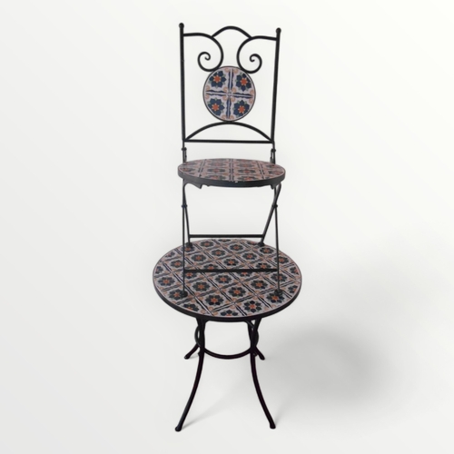 315 - Metal framed five piece patio set having a tiled top circular table 71 x 60cm and four tiled folding... 