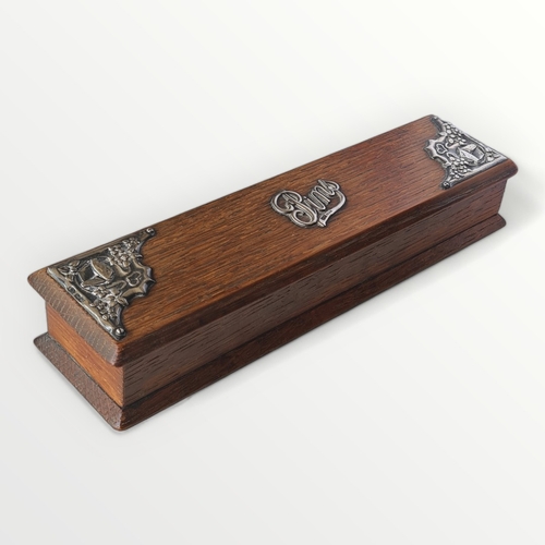 155 - 20th century silver mounted oak 'pins' box containing knitting pins. 4 x 25cm. Shipping group (A).