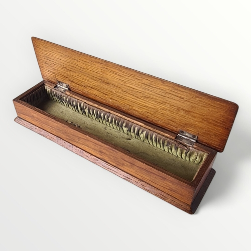 155 - 20th century silver mounted oak 'pins' box containing knitting pins. 4 x 25cm. Shipping group (A).