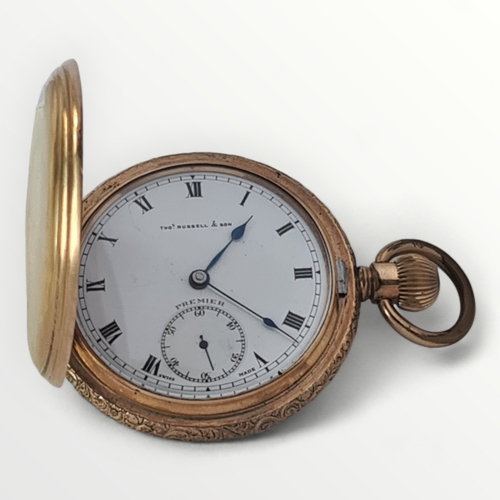 41 - A rose gold plated full hunter pocket watch by Thomas Russell & Son. Swiss movement, signed whit... 