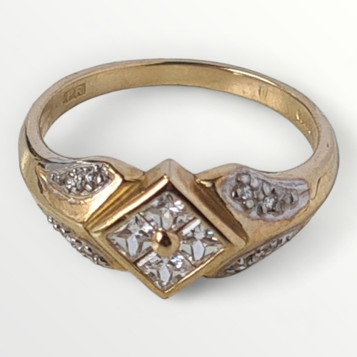 71 - 9ct yellow gold and cubic zirconia dress ring, size M½. Shipping group (A).