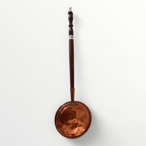 245 - Victorian copper headed warming pan with turned wooden handle. 94cm.