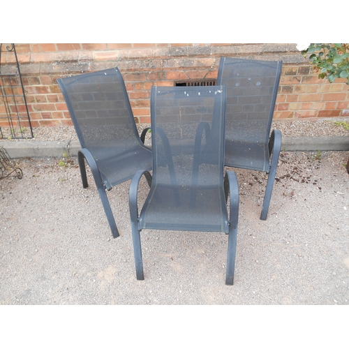 323 - Three metal framed 'mesh' stacking arm chairs.