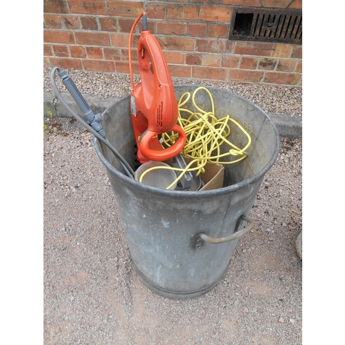 330 - Galvanised bin, a sprayer and a hedge cutter.