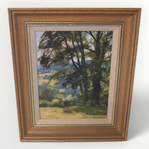 147 - Allan Laycock (1928-2020) 'Cotswold landscape' 26 x 20cm oil on board, signed in hessian fillet and ... 