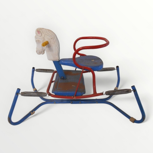 166 - Original 'Mobo' painted metal child's sprung rocking horse. 81cm long.