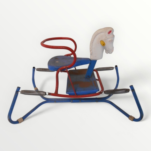 166 - Original 'Mobo' painted metal child's sprung rocking horse. 81cm long.