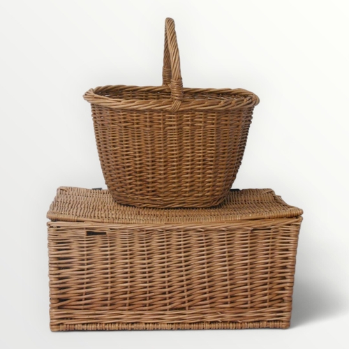 167 - Woven wicker hamper and a fixed handle shopping basket. 43cm high inclusive of handle.