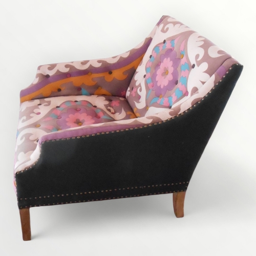 214 - Oversized modern deep-seated armchair having multi coloured 'groovy' pattered upholstery with decora... 