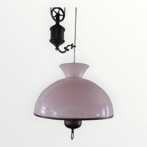 222 - Antique design 'rise and fall' ceiling pendant light having white opaque shade. 46cm diameter.