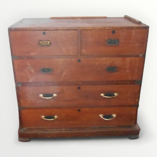 229 - Victorian mahogany military campaign chest of five drawers, having many later alterations. 104 x 108... 