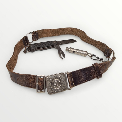 39 - Vintage Girl Guides Association leather belt, attached with The Acme City Whistle and Taylor Sheffie... 