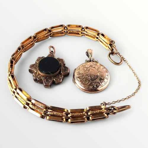 49 - Three gold-plated items; lockets (2) and bracelet (1). Shipping group (A).