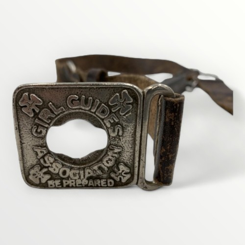 39 - Vintage Girl Guides Association leather belt, attached with The Acme City Whistle and Taylor Sheffie... 