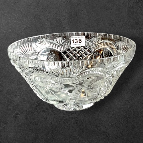 136 - Quality part crystal bowl having wheel cut and engraved fruit decoration, possibly Irish. 31cm diame... 