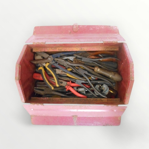 140 - Red 'barn' toolbox with contents.