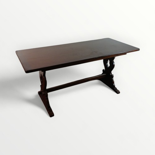 152 - Reproduction oak refectory table on shaped plank uprights united with a pegged stretcher. 76 x 167 x... 