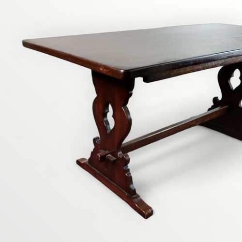 152 - Reproduction oak refectory table on shaped plank uprights united with a pegged stretcher. 76 x 167 x... 