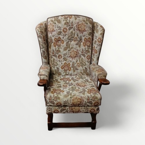 158 - Floral upholstered show wood framed 'fire side' easy chair. 44cm to seat 96cm overall.