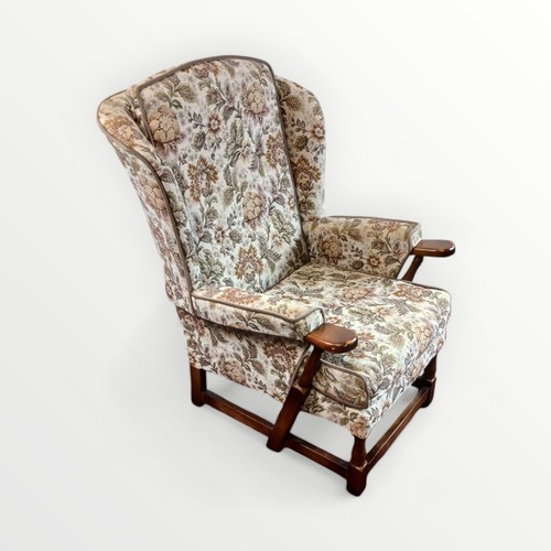 158 - Floral upholstered show wood framed 'fire side' easy chair. 44cm to seat 96cm overall.