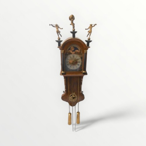 194 - Modern oak cased chain weight driven wall clock with fancy moon phase face supporting three figures.... 