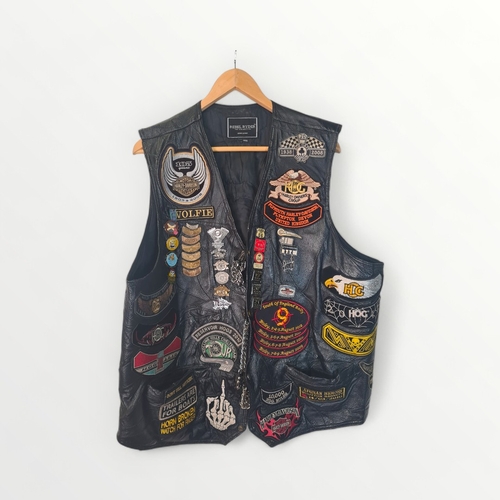 180 - Mens leather 'colours' waistcoat, with numerous badges and patches. Shipping group (A).