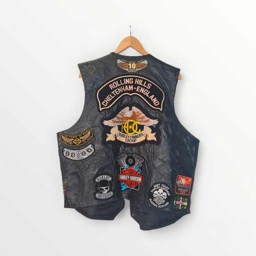 180 - Mens leather 'colours' waistcoat, with numerous badges and patches. Shipping group (A).