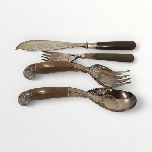 269 - Two pairs of horn handled food servers, the fancy ones probably .800 Philippine silver, 28cm long. S... 