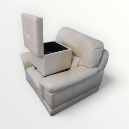 304 - Modern Italian ivory leather armchair with a box storage footstool. 45cm high.