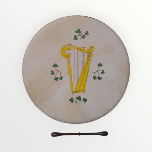 315 - Irish folk Bodhrum 46cm diameter, hand painted with a harp, sold together with a beater. Shipping gr... 