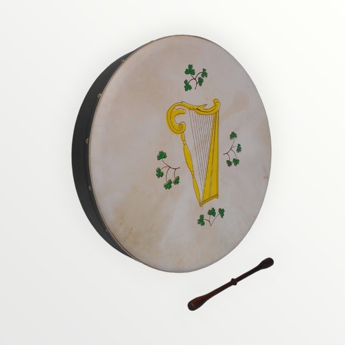 315 - Irish folk Bodhrum 46cm diameter, hand painted with a harp, sold together with a beater. Shipping gr... 