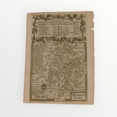 330 - Emanuel Bowen a county map of Warwickshire c.1720, a book plate, 18 x 12cm. Having the road from Chi... 