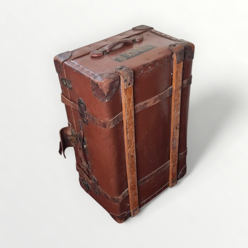 293 - Large Featherweight Flaxite Fibre 1930/40's travelling trunk, leather bound with strapping. Having t... 