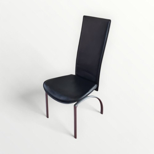 303 - Six modern black leather high back stacking dining chairs on silver metal legs. 106cm.