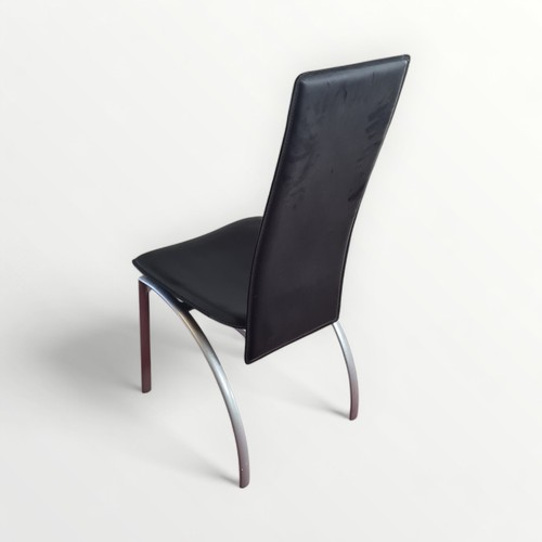 303 - Six modern black leather high back stacking dining chairs on silver metal legs. 106cm.