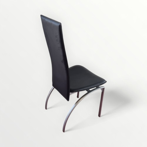 303 - Six modern black leather high back stacking dining chairs on silver metal legs. 106cm.