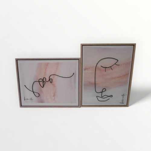 285 - Two modern abstract wirework pictures, 47 x 37cm in white washed wood frames.