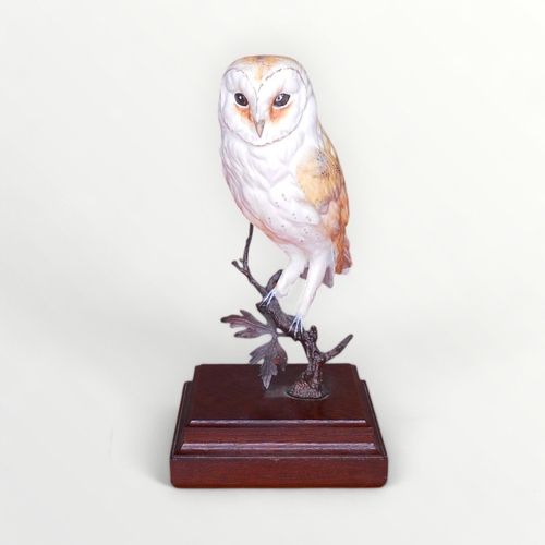 10 - Model Barn Owl on metal branch and wooden plinth, 24cm high. Shipping group (A).