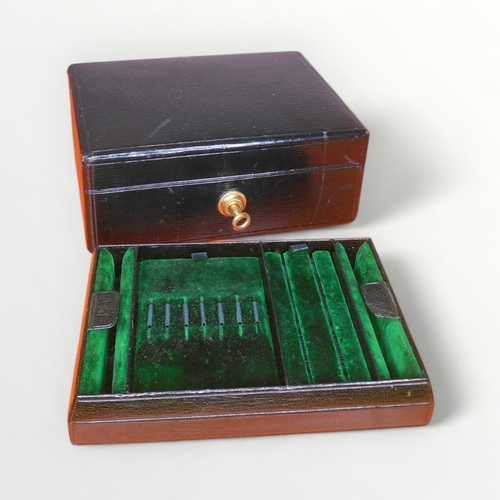 15 - Vintage leather covered jewellery box having 'Bramah lock' and key. 6.5 x 16.5cm. Shipping group (A)... 