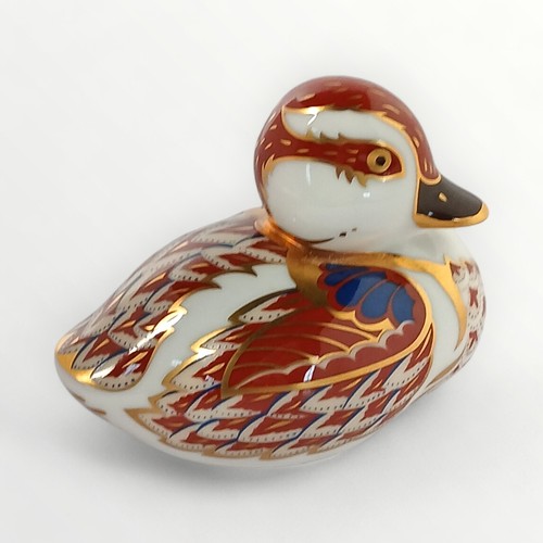 39 - Royal Crown Derby 'Swimming duckling' paperweight having gold button, 6cm high. Shipping group (A).