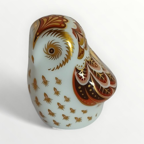 61 - Royal Crown Derby Collectors Guild 'Owlet' paperweight with gold button. 6cm high retaining original... 