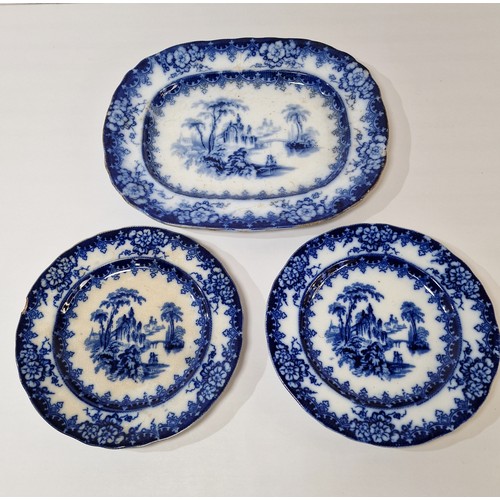 Three Pieces of 19th century Blue Flow Ware to include a Serving ...