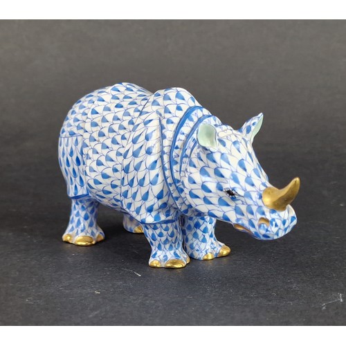 212 - Herend Porcelain Rhino - Hand Painted in Blue Fishnet pattern with gilt embellishments 13cm long