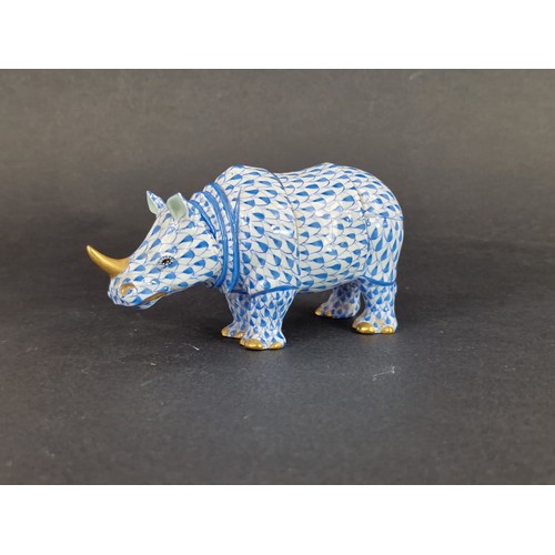212 - Herend Porcelain Rhino - Hand Painted in Blue Fishnet pattern with gilt embellishments 13cm long