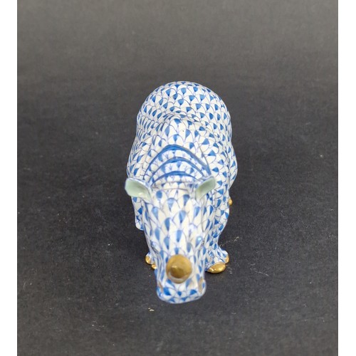 212 - Herend Porcelain Rhino - Hand Painted in Blue Fishnet pattern with gilt embellishments 13cm long